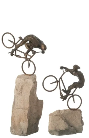 Beeld Fietser - Fietser op rots - Beige / Zwart - Polyresin - 23x9x33 cm