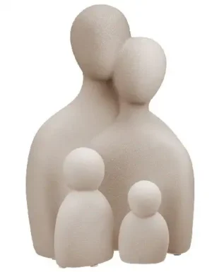 Beeld - Sculptuur - Familie - Gezin van vier - Ouders en twee kinderen - Grijs - Keramiek - 26 cm -