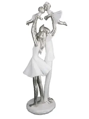 Beeld Familie - Familietijd - Gezin van vier - Staand - Wit / Zilver - Polyresin - 37 cm