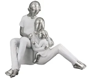 Beeld Familie - Familietijd - Gezin van drie - Zittend - Wit / Zilver - Polyresin - 17 cm