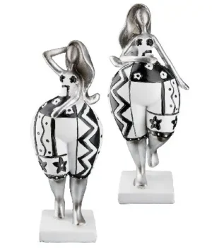 Beelden Vrouwen - Blijdschap - Pop art - Set van twee - Wit / Zilver / Zwart - Polyresin - 15 cm
