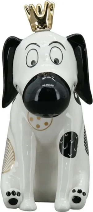 Beeld - Hond - Zittende hond met kroontje - Zwart / Wit / Goud - Keramiek - 17x9x18 cm
