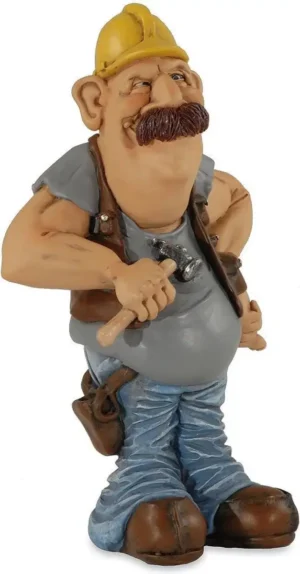 Grappige beroepen beeldje timmerman met snor- 9x7x16 cm de komische wereld van karikatuur beeldjes – komische beeldjes – geschenk voor – cadeau -gift -verjaardag kado