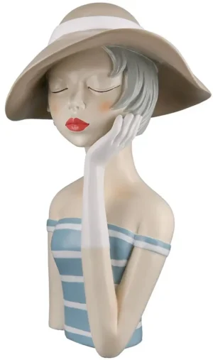 Beeld - Vrouw naar het strand met hoed - Blauw / Wit / Beige - Polyresin - 20x19x32 cm