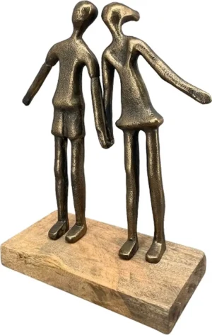 Beeld happy love - Koppel hand in hand - Aluminium / Mangohout - Brons kleur - 20x8x25 cm